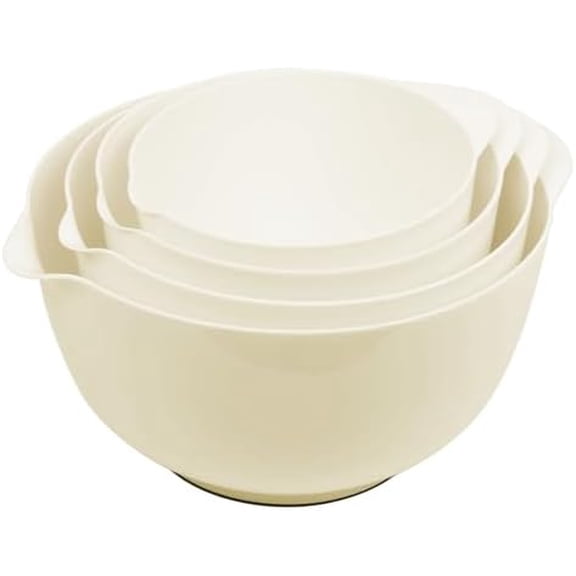 4 Quart Large Plastic Mixing Bowls, Microwave Safe Mixing Bowl Set with Pour Spout, Nesting Bowls for Space Saving Storage(Beige)