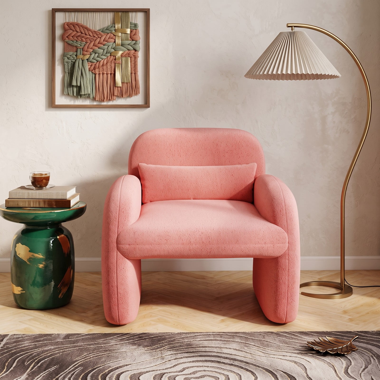 Furnibear Modern Accent Chair with Waist Pillow and Padded Armrests, Soft Sherpa Upholstered Single Sofa Chair for Living Room, Bedroom, Reading Nook, 440 lb, Pink