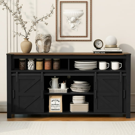 Aukfa 59.3" Sideboard Buffet Cabinet w/Mesh Panel Doors,Large Storage Cabinet for Kitchen Dining Living Room,Black