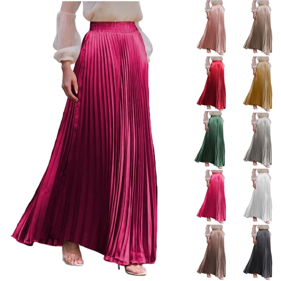 Miluxas Women Elastic High Waist Pleated Skirt Solid Color Flowy Swing A-line Ankle Skirts White