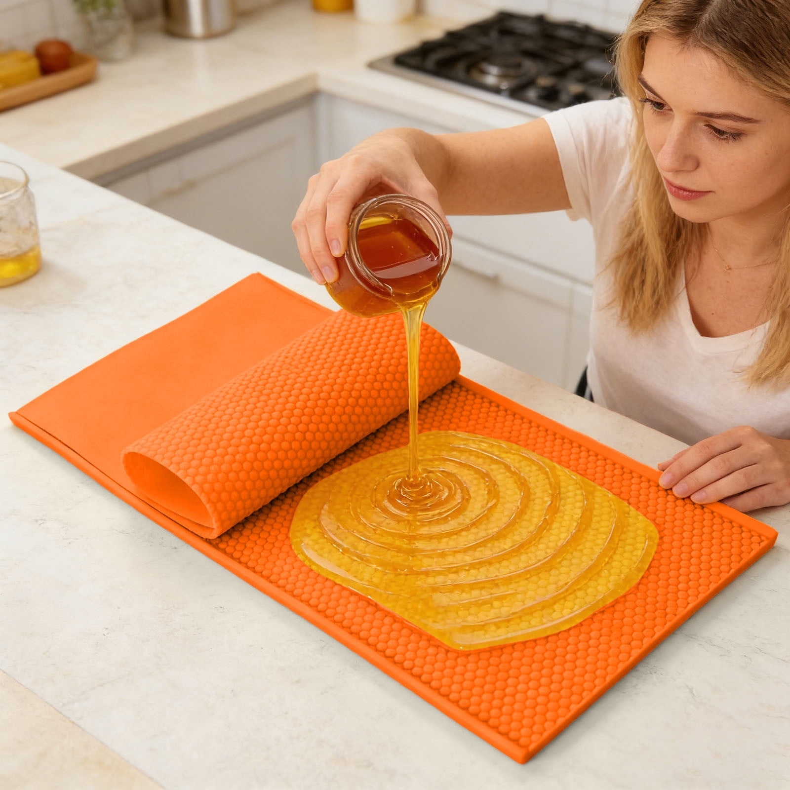 Silicone Beeswax Foundation Press Mold with Honey Scraper, 5.4mm Honeycomb 2 Sheets Non-Stick Reusable for Beekeeping and Candle Making Supplies (Orange)