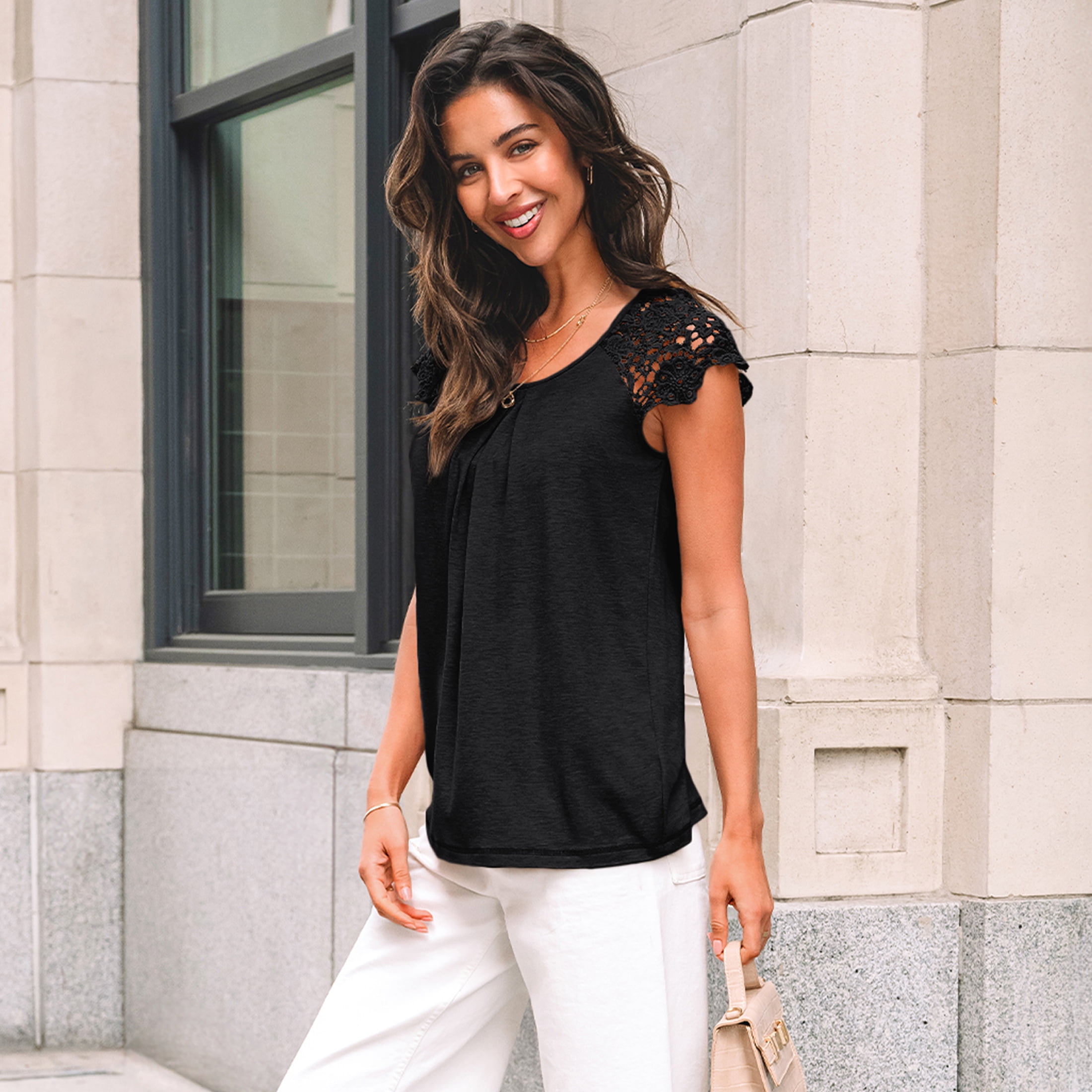 SUNBS Blouses for Women Lace Tops Pleated Short Sleeve Shirts Summer Business Casual Dressy Clothes