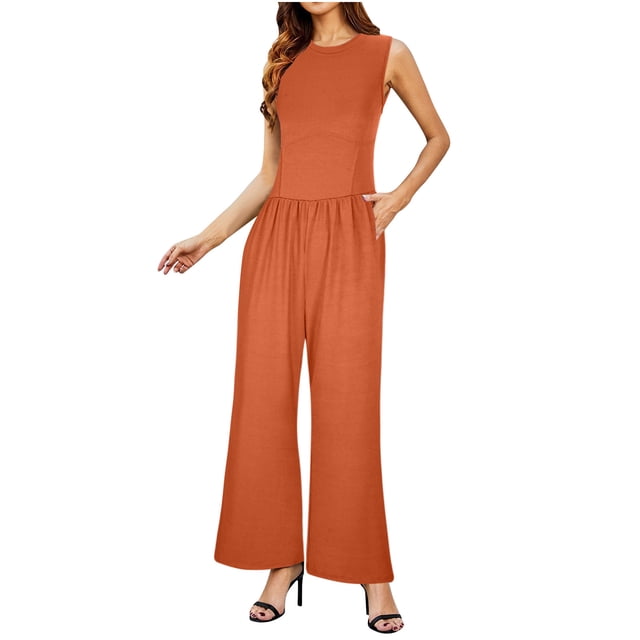 RKSTN Jumpsuits for Women Dressy 2024 Solid Color Sleeveless Wide Leg Jumpsuit Fashion Summer Ribbed Wide Leg Elastic Waist Stretchy Rompers with Pockets