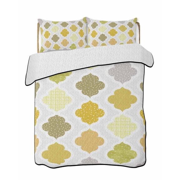 Quilt King Size Bedding Set, Yellow Orange Moroccan Reversible Summer Quilt 3 Pieces, Vintage Boho Geometric Pattern Gray Lightweight Bedspreads Coverlets with 2 Pillow Shams for All Seasons