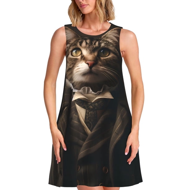 Easygdp Victorian Gentle Cat para Vestido Transpirable de Mujer, Vestido Suelto de Manga Corta con Pliegues y Bolsillos para el Verano