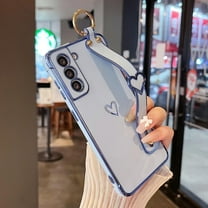 Samsung Galaxy S22 5G Case with Kickstand,Luxury Cute Plating Edge Love Hearts Pattern Wrist Strap Finger Holder for Girls Women,Soft Shockproof Cover for Galaxy S22 6.1",Blue
