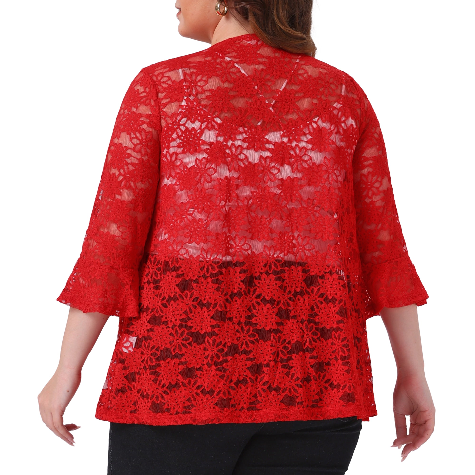 DARING DIVA Women's Plus Size Open Front 3/4 Sleeve Sheer Lace Cardigan 2X Red