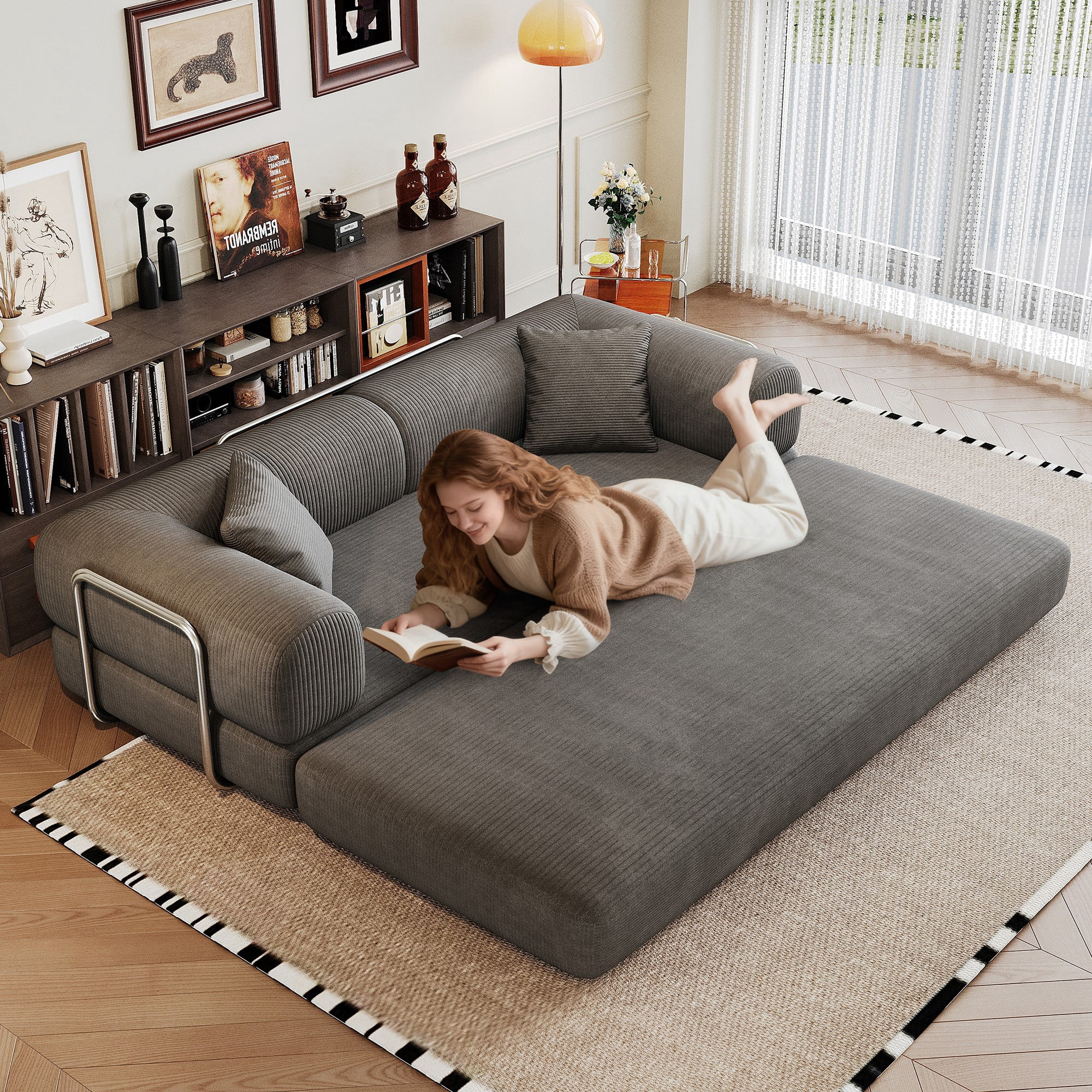 78.8" Compression Sofa Bed, Convertible Floor Futon Couch with Pillow & Armrests, Modular Corduroy Sofa, Grey
