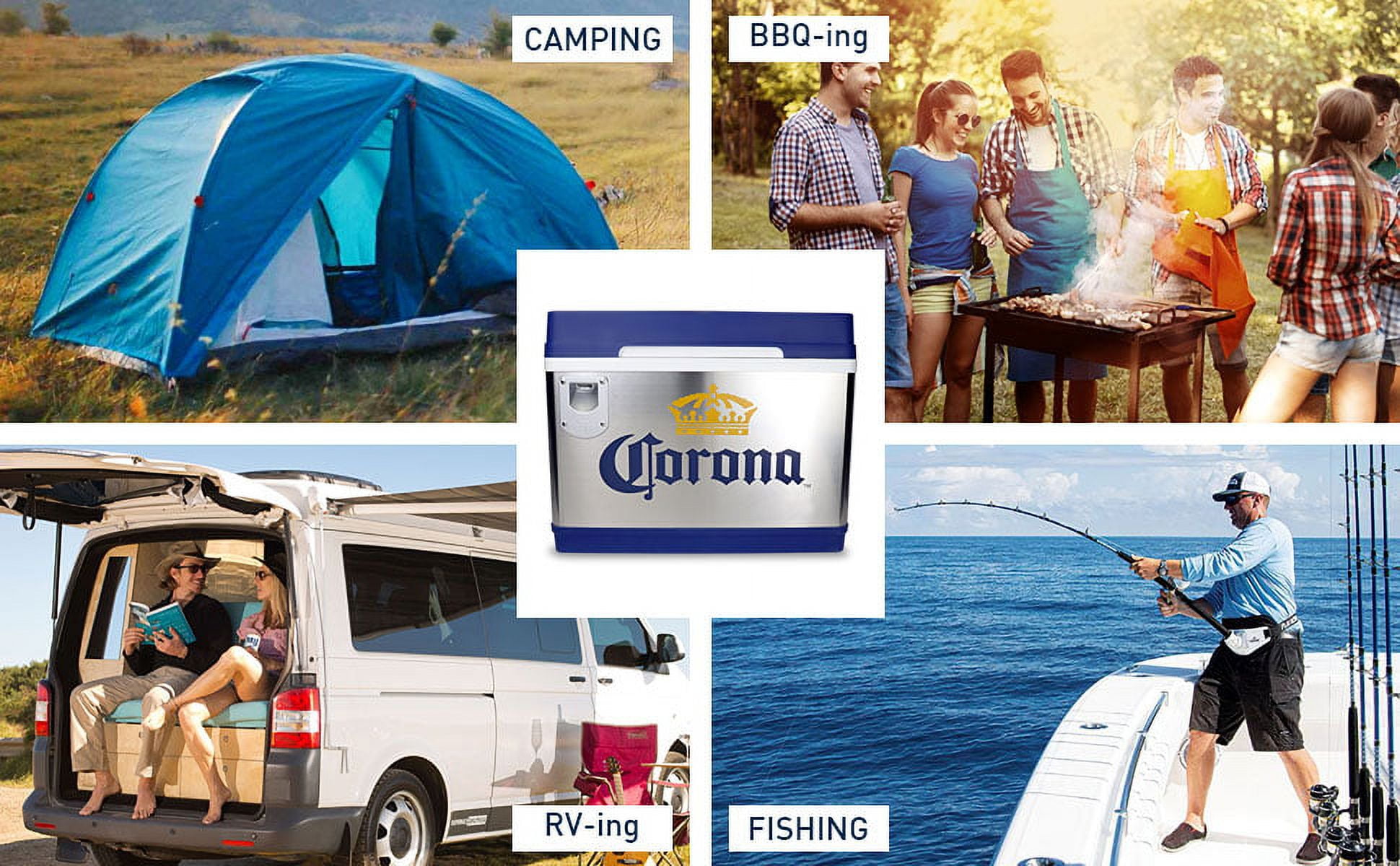 Corona Cruiser 45L (48 qt) Portable Cooler with Bottle Opener, Thermoelectric Travel Fridge, 12V DC/110V AC, Silver and Blue