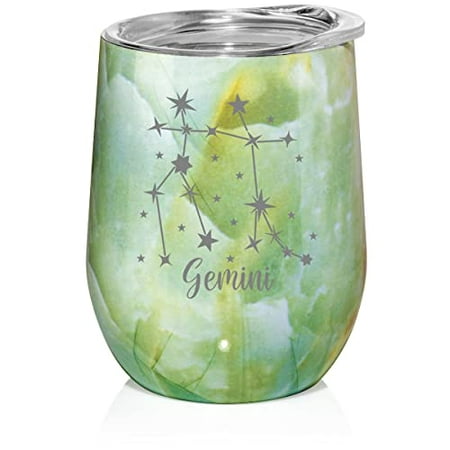 

12 oz Double Wall Vacuum Insulated Stainless Steel Stemless Wine Tumbler Glass Coffee Travel Mug With Lid Horoscope Constellation (Turquoise Green Marble) (Gemini)