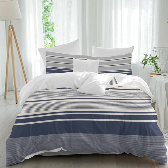 Duvet Cover Twin Size 3 Piece Bedding Set, Modern Navy Blue Stripe on Beige Soft Breathable Comforter Cover with 2 Pillow Shams, Minimalist Line Art Luxury Duvet Covers with Zipper Closure