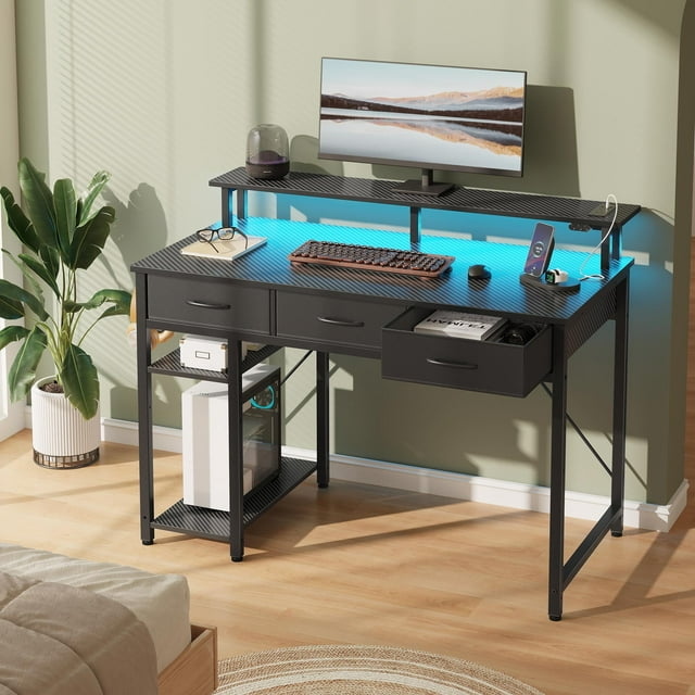 Greenstell 47" Computer Desk with Built-in Outlets & LED, 3-Drawer Office Desk with Monitor Stand, Black