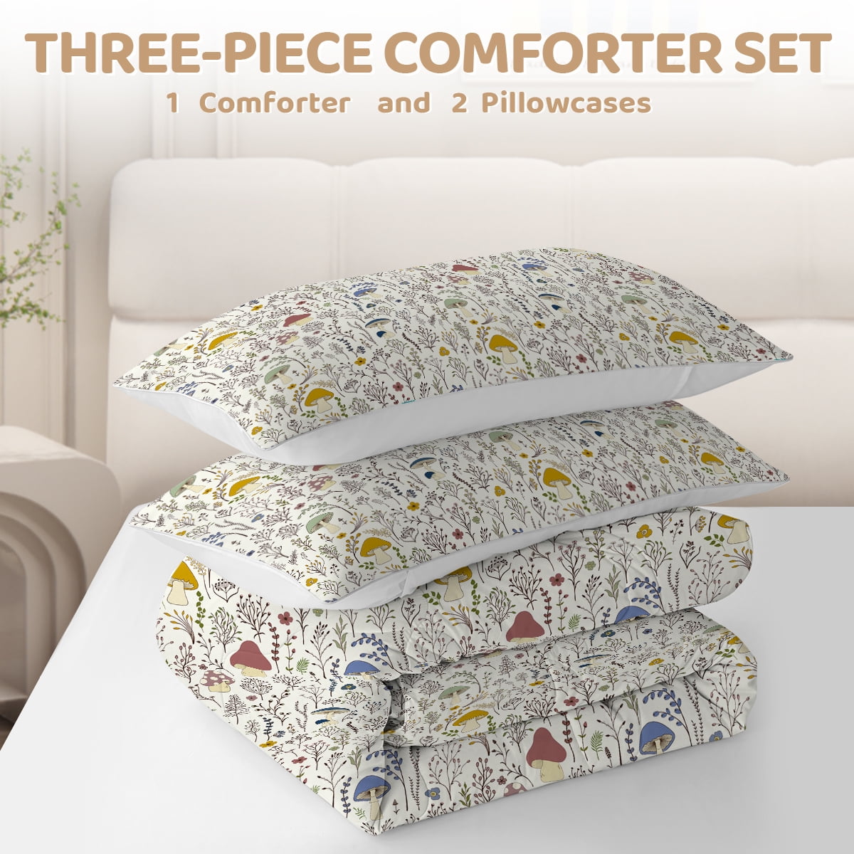 Sleepwish Kids Comforter Set, 3-Piece Mushroom Pastoral Bedding Sets for Girls Twin