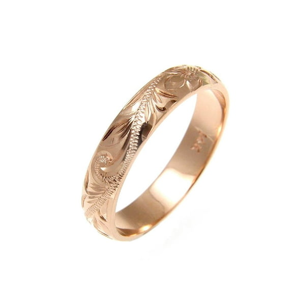 14K solid rose gold custom hand engraved Hawaiian plumeria scroll band ring 4mm size 2 to 14