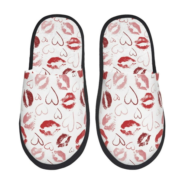 Fotbe Red Lips Pantuflas Peludas para Mujer con Estampado, Zapatillas de Peluche, Zapatos de Invierno para Casa, Uso Interior y Exterior-Medium
