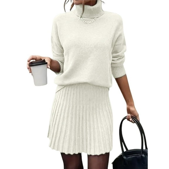 Female Sweater Skirt Sets 2 Piece Outfits Ribbed Knit Mock Neck Sweater Pullovers A Line Mini Skirt Set Cream White XL