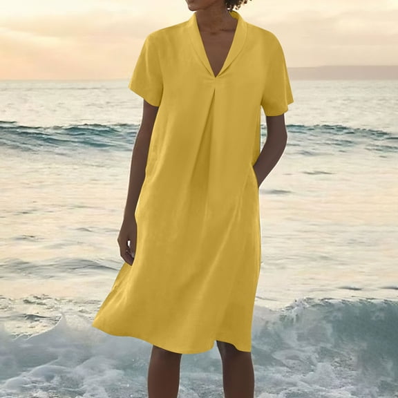 Nmnitkp Dresses for Women V Neck Short Sleeve Loose Fit Shift Dress, Lightweight Casual Midi Dress with Pockets for Summer Dresses for Women Beach & Daily Wear Yellow,3XL