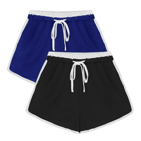 WIZUTIZ Womens Running Shorts Retro Stylish Fitted Fitness Dolphin Shorts Pack of 2 Elastic Stretch Mid Rise Slit Drawstring Swim Shorts Dandelion Print Swimwear for Teen Girls Anniversary Black