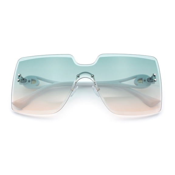 Womens Luxury Designer Oversized Shield Rectangle Diva Sunglasses White - Green Peach