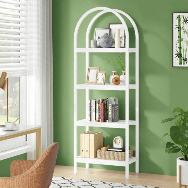 4-Tier Arched Bookshelf,Industrial Farmhouse Style, E1 Particle Board + Metal Frame, 30lbs/Shelf, Multi-Purpose for Home, Office