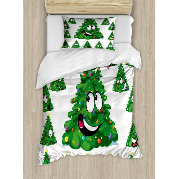 Christmas Duvet Cover Set, Christmas Tree Cartoon with Star and Different Funny Face Expressions, Decorative 2 Piece Bedding Set with 1 Pillow Shams, Twin Size, Green Yellow White, by Ambesonne