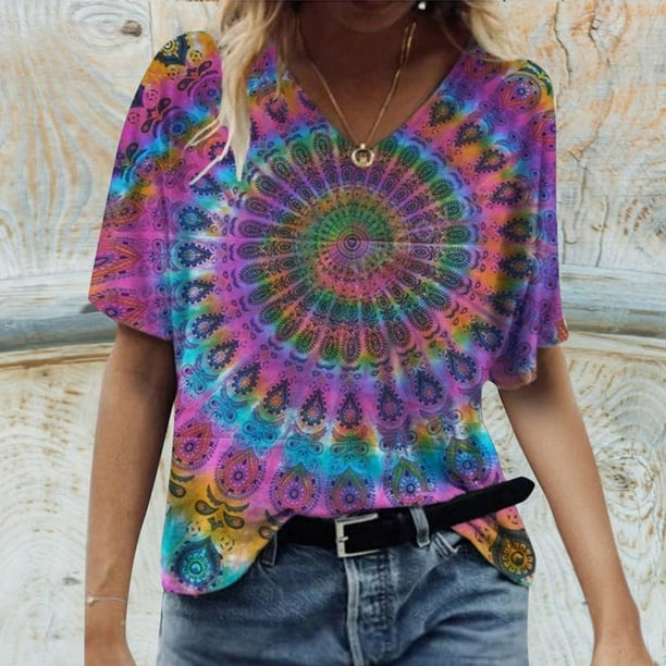 Puntoco Blusa informal de manga corta con cuello en V y estampado de cuerpo completo para mujer Puntoco Puntoco-9235