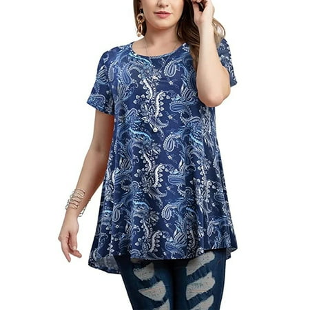 

Carevas Women Plus Size Tunic Tops Floral Print Short Sleeves Vintage Flared Casual Loose Blouse Dark Blue 4XL