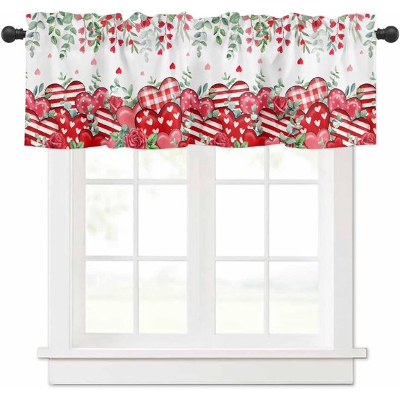 Valentine''s Day Red Love Heart Valance Curtain Short Rod Pocket Kitchen Curtain Rose Floral with Leaves Window Treatment Valance for Living Room Bedroom Valentines Decor 54x18in 1 Panel