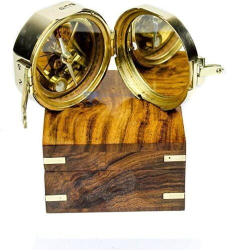 Premium Nautical Brass Brunton Compass With Decorative Wooden Case | Wood