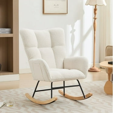 BISHE Modern Nursery Rocking Chair Upholstered Glider Chair with High Backrest Rocker Accent Armchair with Solid Wood Legs for Nursery Bedroom Living Room Teddy, White
