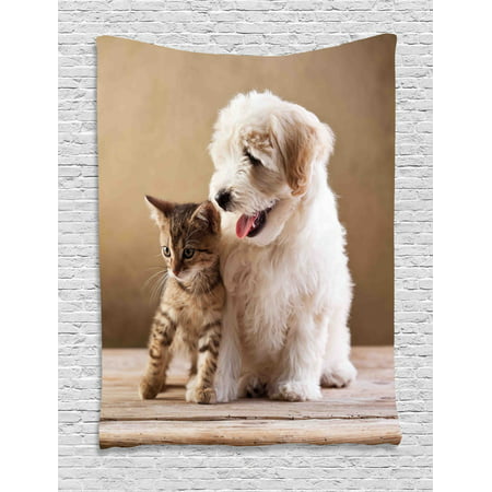 Animal Tapestry, Cute Baby Cat Kitten and Puppy Dog Best Friends Image Photo Artwork, Wall Hanging for Bedroom Living Room Dorm Decor, 60W X 80L Inches, Sand Brown Cream and White, by (Best Cute Baby Photos)