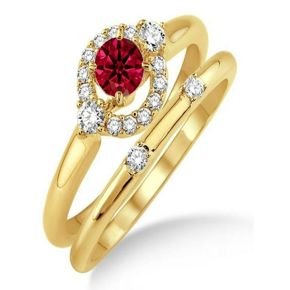 1.25 Carat Ruby & Diamond Elegant Flower Halo Bridal Set on 10k Yellow Gold