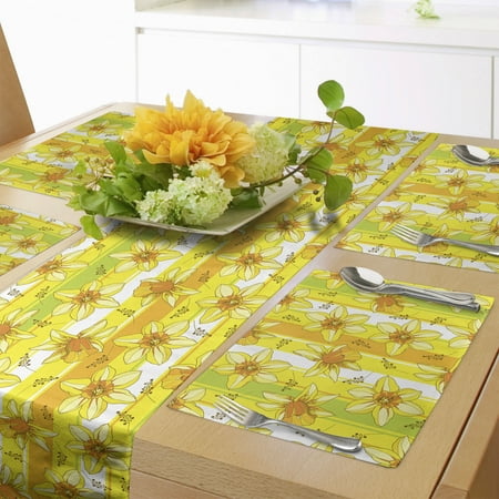 

Yellow Flower Table Runner & Placemats Floral Spring Narcissus and Daffodil Jonquil Blooms Striped Backdrop Set for Dining Table Placemat 4 pcs + Runner 16 x72 Yellow Apple Green by Ambesonne