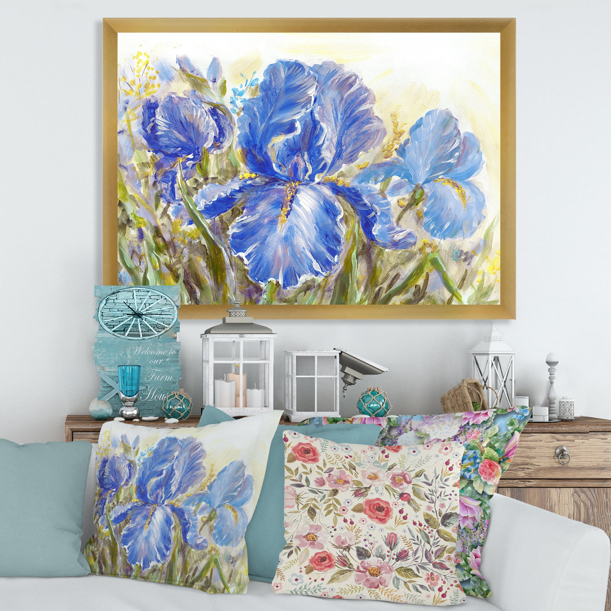 Designart 'Blue Irises Blossoming Flowers' Traditional Framed Art Print