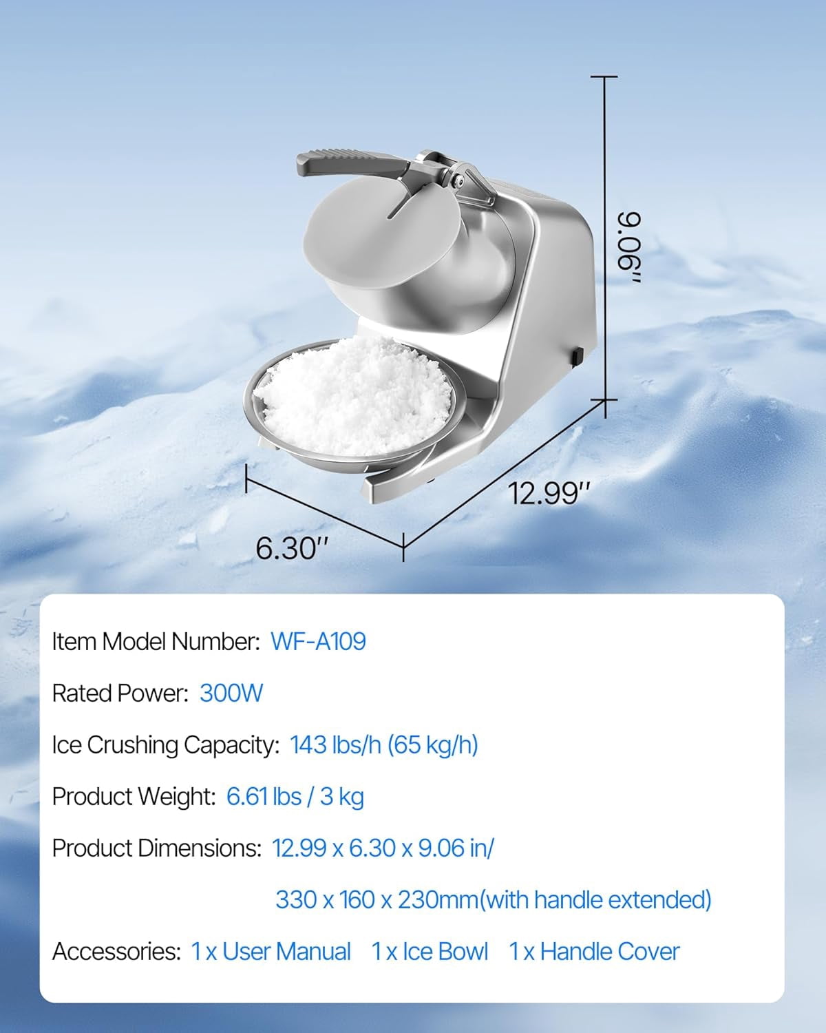Ice Crusher , 143lbs Per Hour Electric 2 Blades Snow Cone Maker, Stainless Steel Shaved Ice  with Bowl and Cover, 300W 2000RPM Ice-Shaver for Home and Commercial Use, Silver