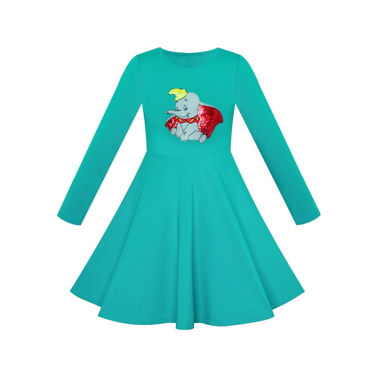 Girls Dress Green Elephant Dumbo Embroidered Long Sleeve 6 Years