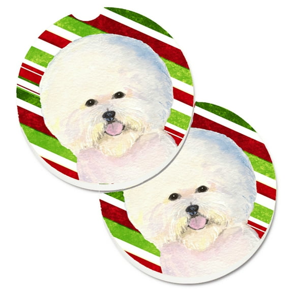 Bichon Frise Candy Cane Holiday Christmas Set of 2 Cup Holder Car Coasters