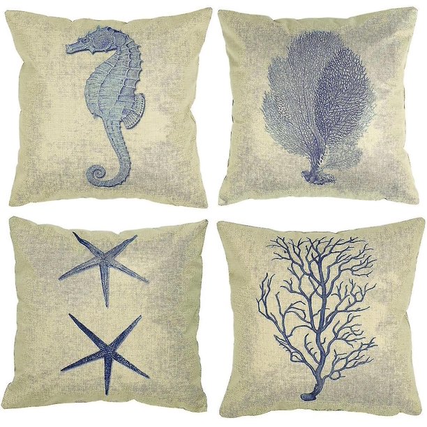 Juego de 4 fundas de cojín de lino duraderas con diseño de caballito de mar, coral, estrella de mar y algas, estilo náutico, para cafetería, casa, decoración de verano, color azul, 45 x 45 cm