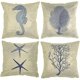 thumbnail image 1 of Juego de 4 fundas de cojín de lino duraderas con diseño de caballito de mar, coral, estrella de mar y algas, estilo náutico, para cafetería, casa, decoración de verano, color azul, 45 x 45 cm, 1 of 5