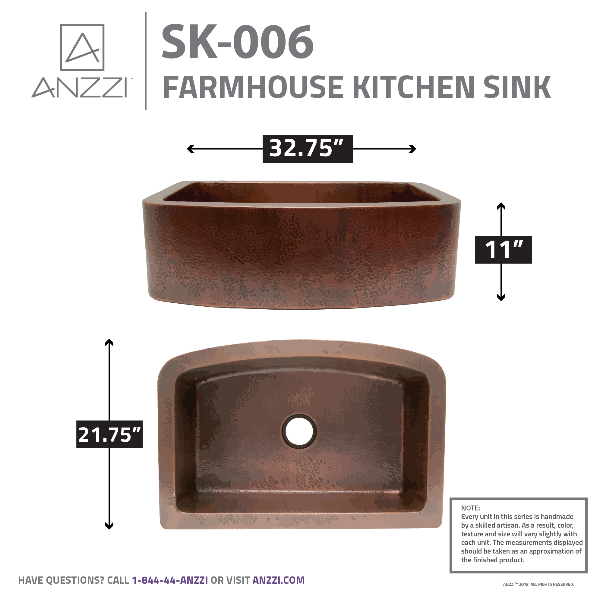 Pieria Farmhouse Handmade Copper 33 in. 0-Hole Single Bowl Kitchen Sink in Hammered Antique Copper - image 5 of 9