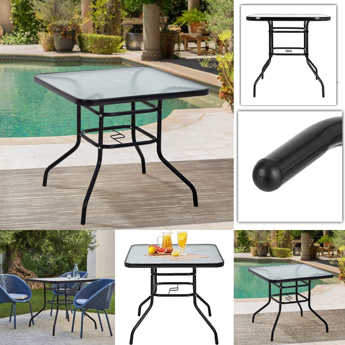 Goorabbit Outdoor Dining Table 31.5"Outdoor Bistro Table Square Patio Dining Table Side Table with Umbrella Hole, Outdoor Indoor Banquet Furniture with Metal Frame and Glass Top,Black - image 1 of 9