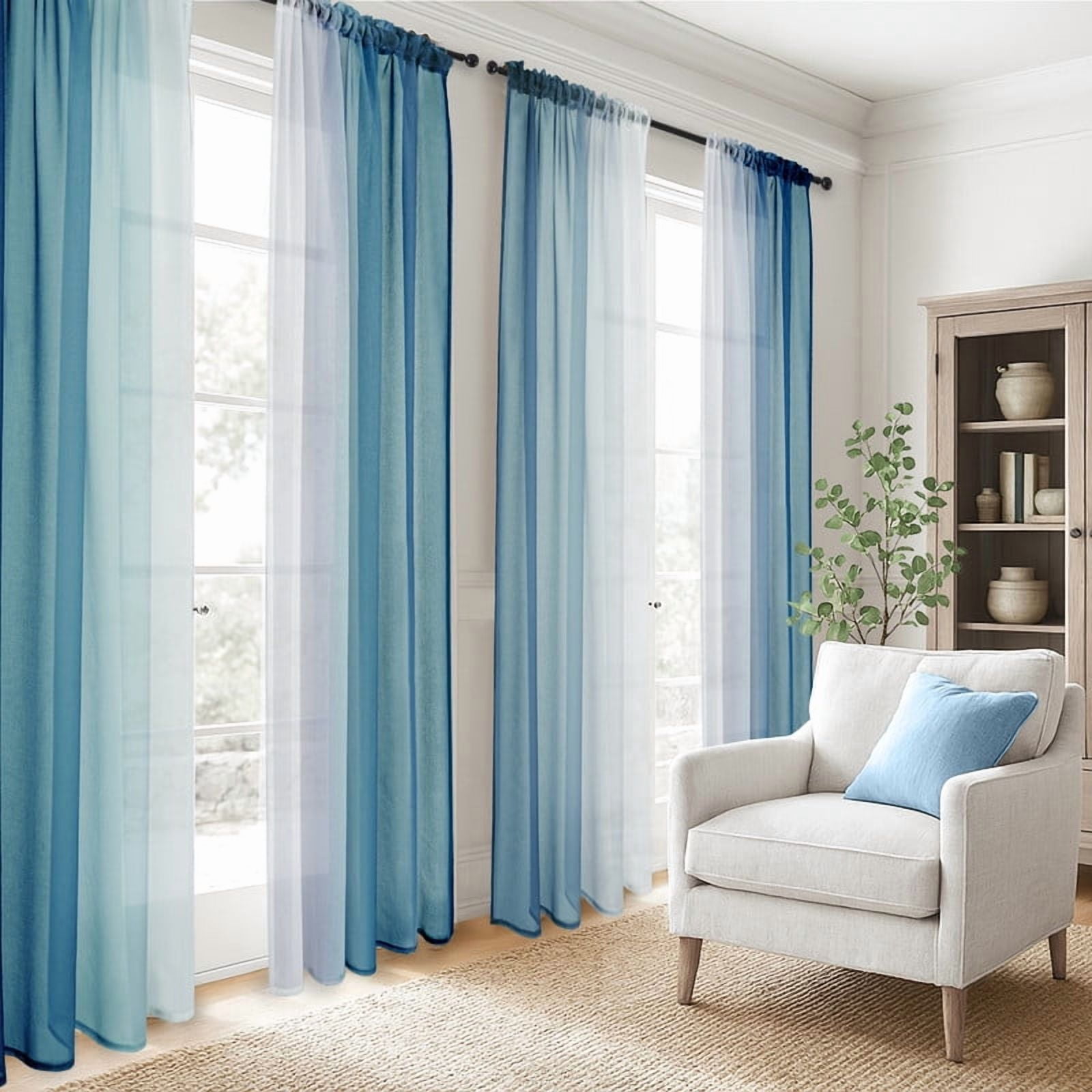 Topfinel Teal Faux Linen Ombre Sheer Curtains,Semi Voile Gradient Rod Pocket Curtains for Bedroom and Living Room, Set of 2 Window Curtain Panels, 54 x 63 Inch Long