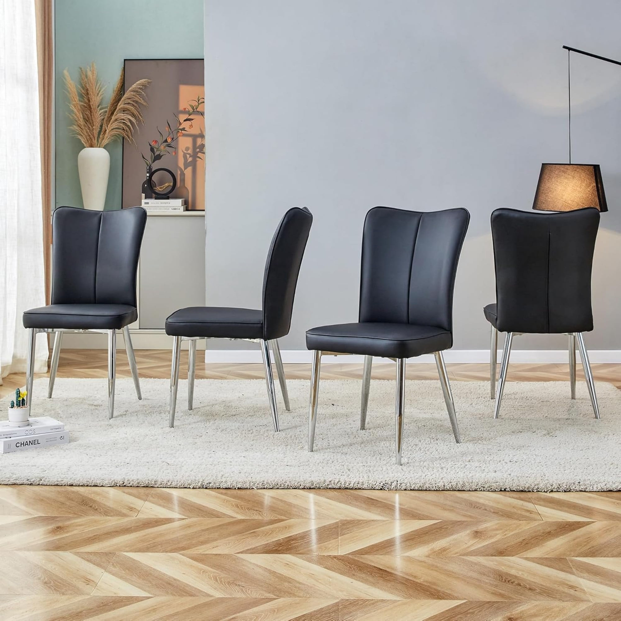 SUDICA Dining Chairs Set of 4, Black PU Leather Upholstered High Back Kitchen Chairs with Silver Metal Legs for Dining Room