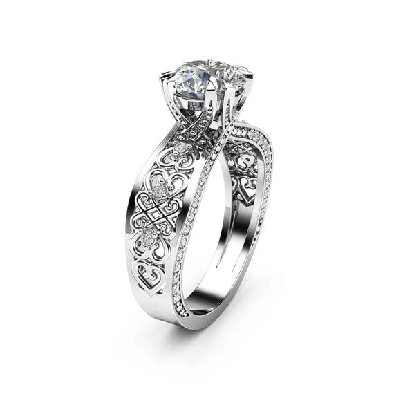 HeartsAndYou 2ct Round Cut Moissanite Engagement Ring for Women 18k White Gold over Silver Unique Filigree