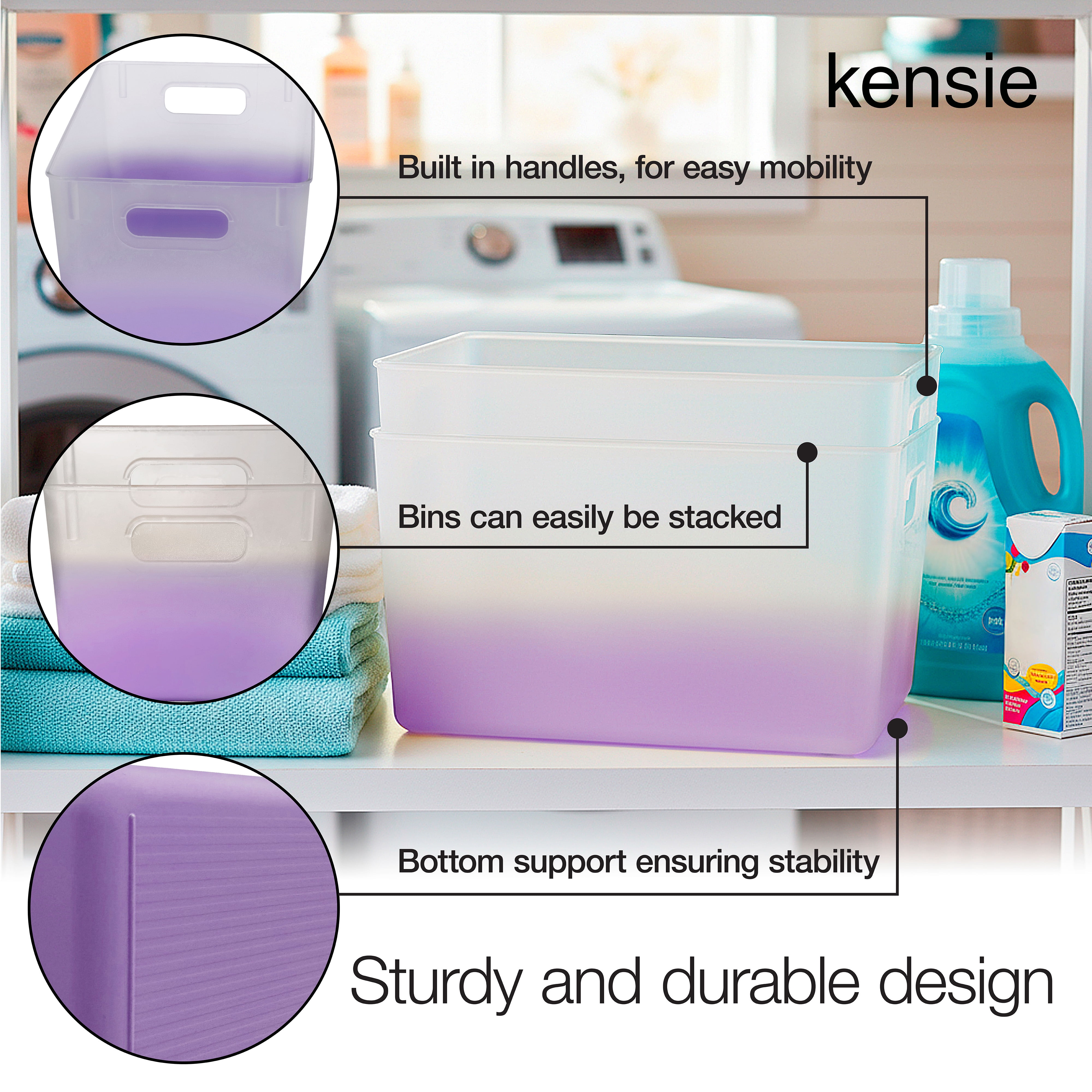 Kensie Closet Storage Bins with Handles, Stackable, 2-Pack, Frosted Lilac