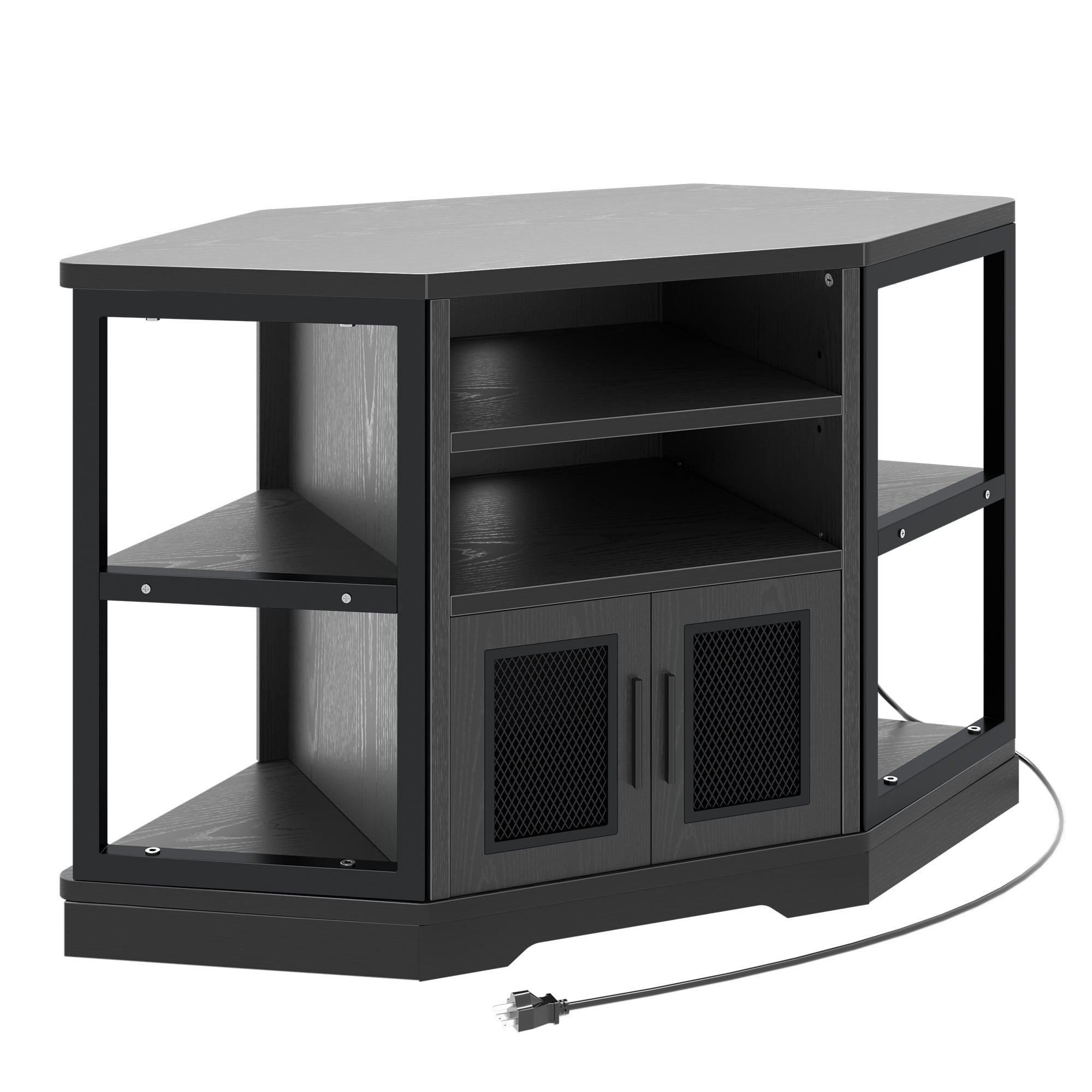 Wooflex Black Entertainment Center, 55" TV, Modern Farmhouse, Adjustable Shelves, Freestanding