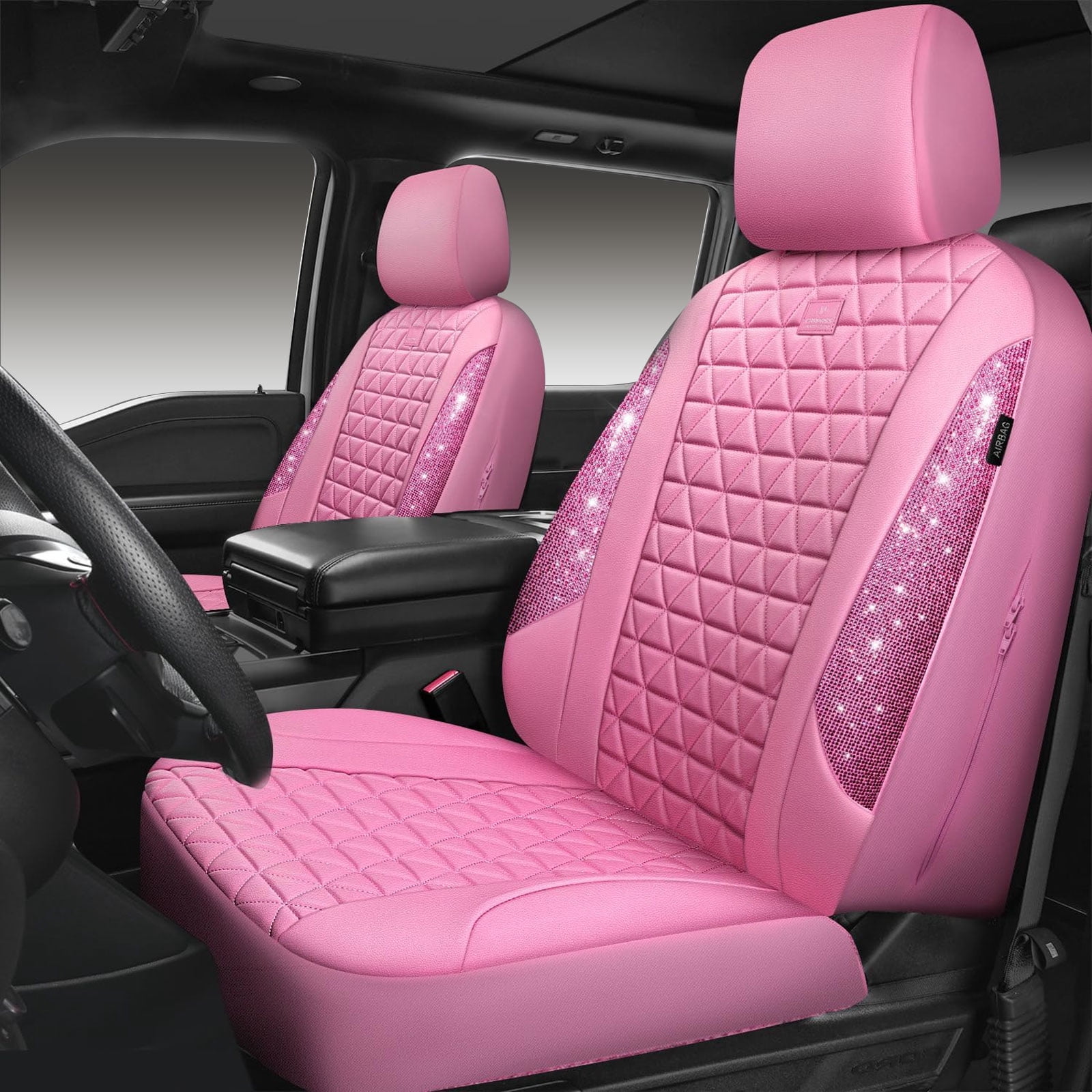 CAR GRAND Bling diamond leather automotive seat covers full set water proof shining glitter sparkly crystal rhinestone universal armrest fit girl woman lady pink