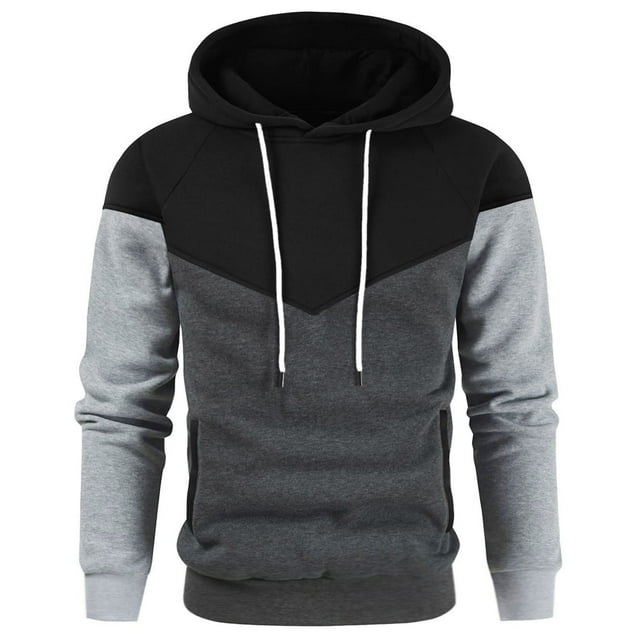 Yuyuzo Men Pullover Sweatshirts Long Sleeve Drawstring Hooded Sports Solid Color Patchwork Hoodies for Men