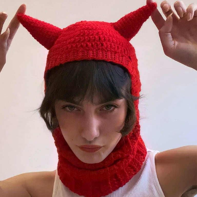 Women Devil Horn Hat, Cat Ear Slouchy Crochet Knit Hat Beanie