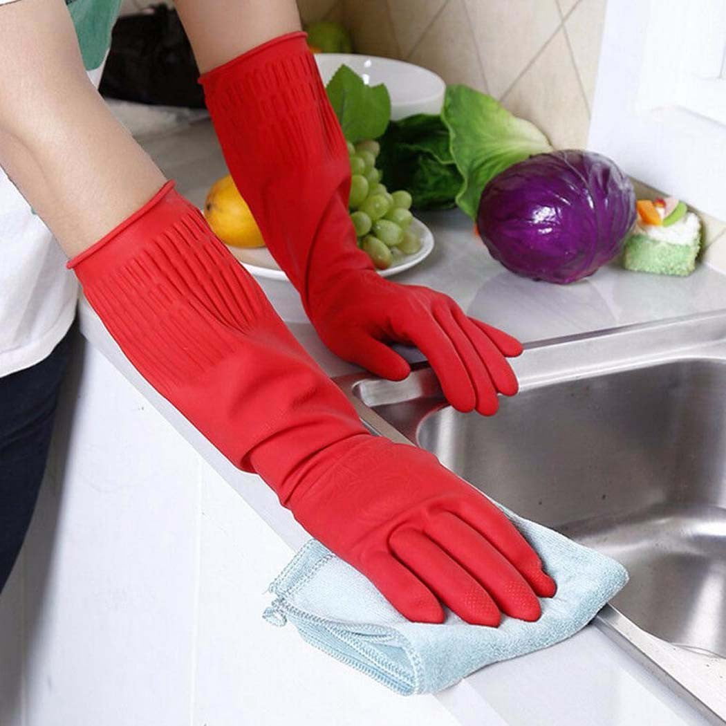 Kitchen Washing Gloves Long Waterproof Rubber Latex Cleaning Dish Fruit N3V5 